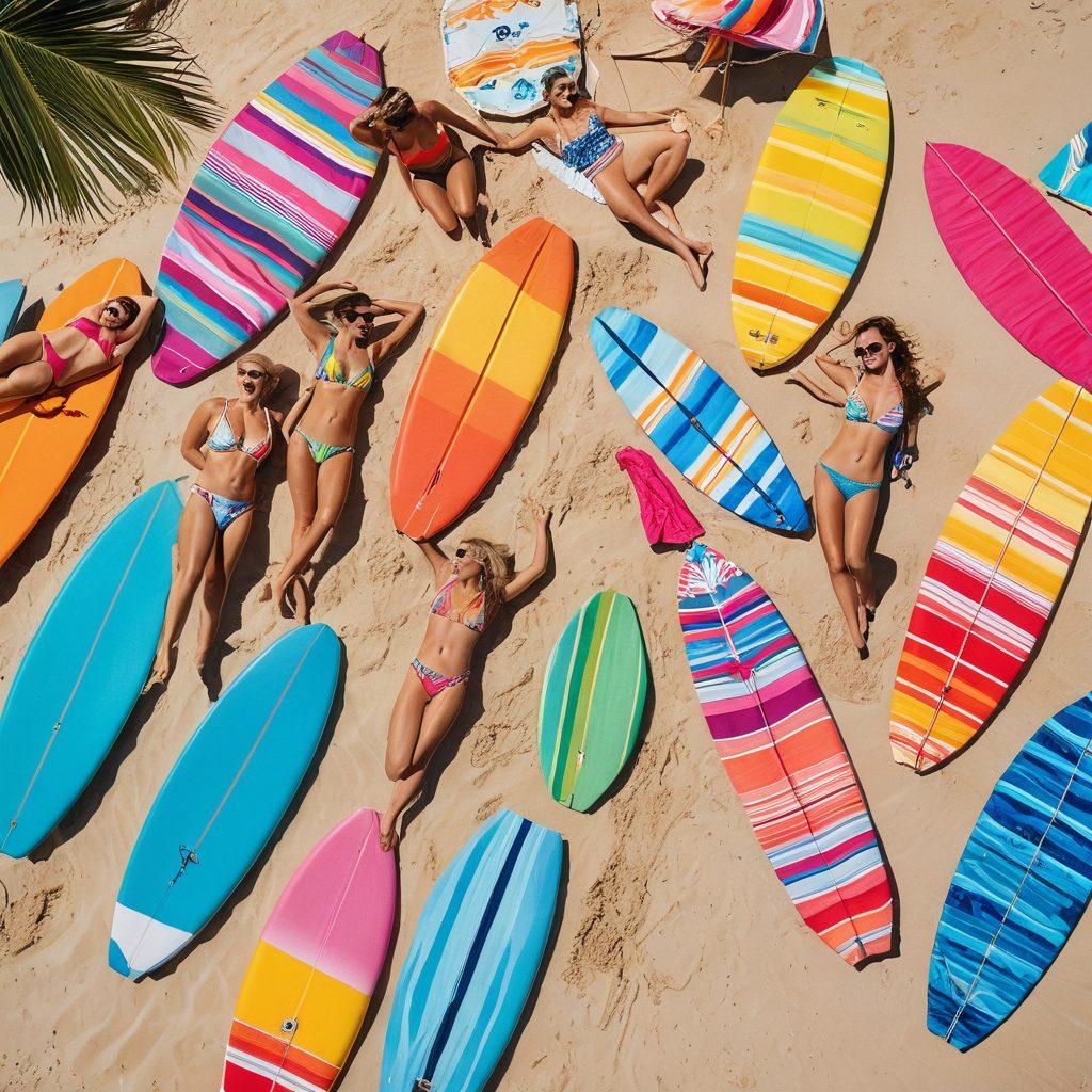 A vibrant beach scene featuring a diverse group of people trying on various swimwear styles, showcasing colorful bikinis, trunks, and cover-ups. Elements like beach towels, surfboards, and beach umbrellas enhance the summer vibe. The sun is shining brightly, and the ocean waves create a refreshing atmosphere. Happy expressions capture the joy of selecting swim attire for adventures. sunny, colorful, vibrant colors, tropical background.