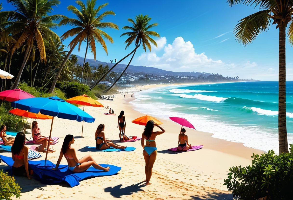 A vibrant beach scene featuring a diverse group of stylish individuals in trendy bikinis and swimwear, enjoying the sun and surf. Add colorful beach umbrellas and surfboards in the background, with splashes of water and tropical palm trees swaying in the breeze. Incorporate sunlight dancing on the waves for a dreamy effect. vector art. vibrant colors. white background.